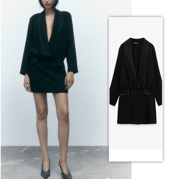 Zara Black Rhinestone Blazer Mini Dress Sparkly Classic Size XS - Picture 1 of 12